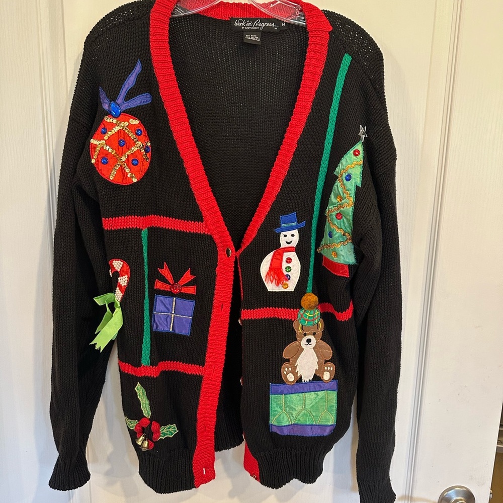 Work in Progress Gladys Bagley Vintage Christmas Ugly Sweater Cardigan sz medium